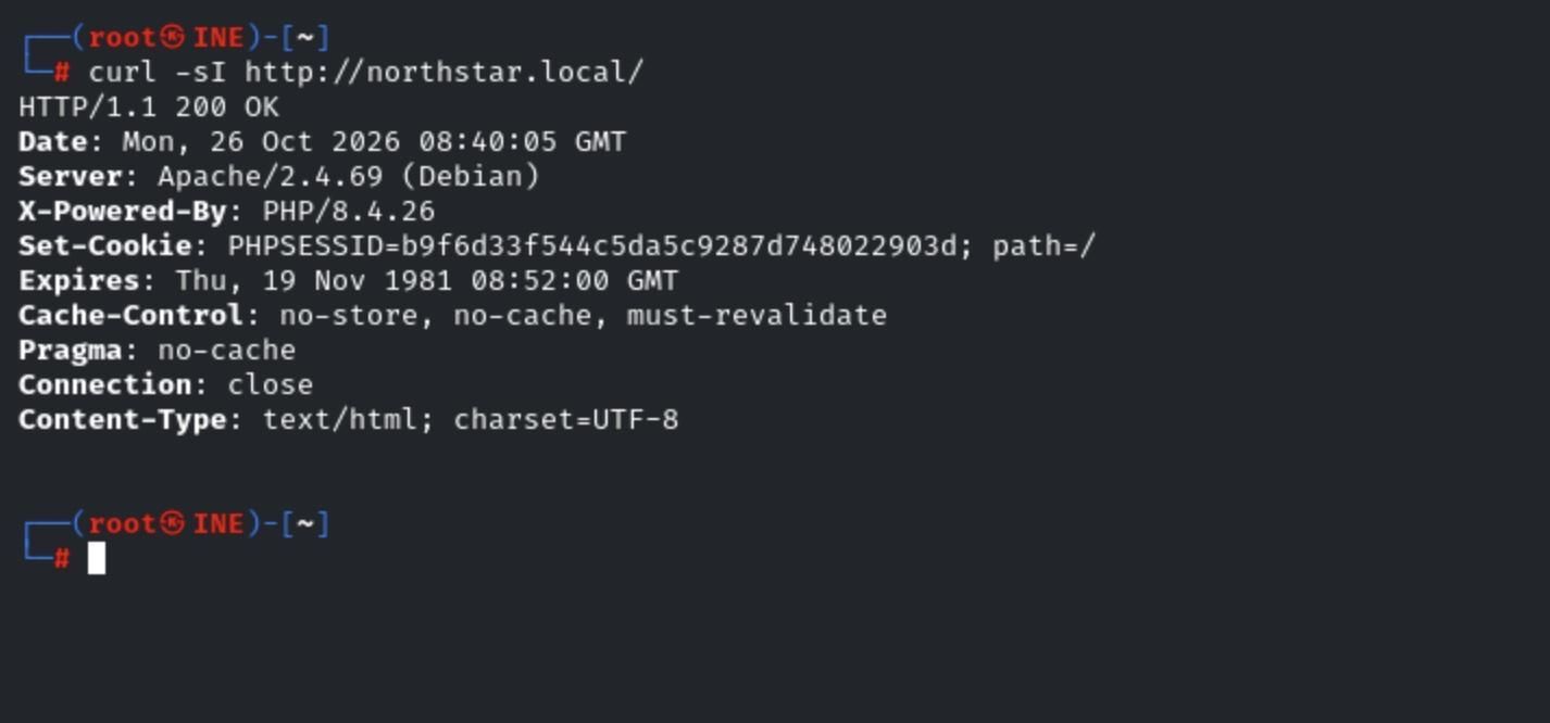 Terminal showing HTTP response headers from northstar.local, including Apache 2.4.69 and PHP 8.4.26.