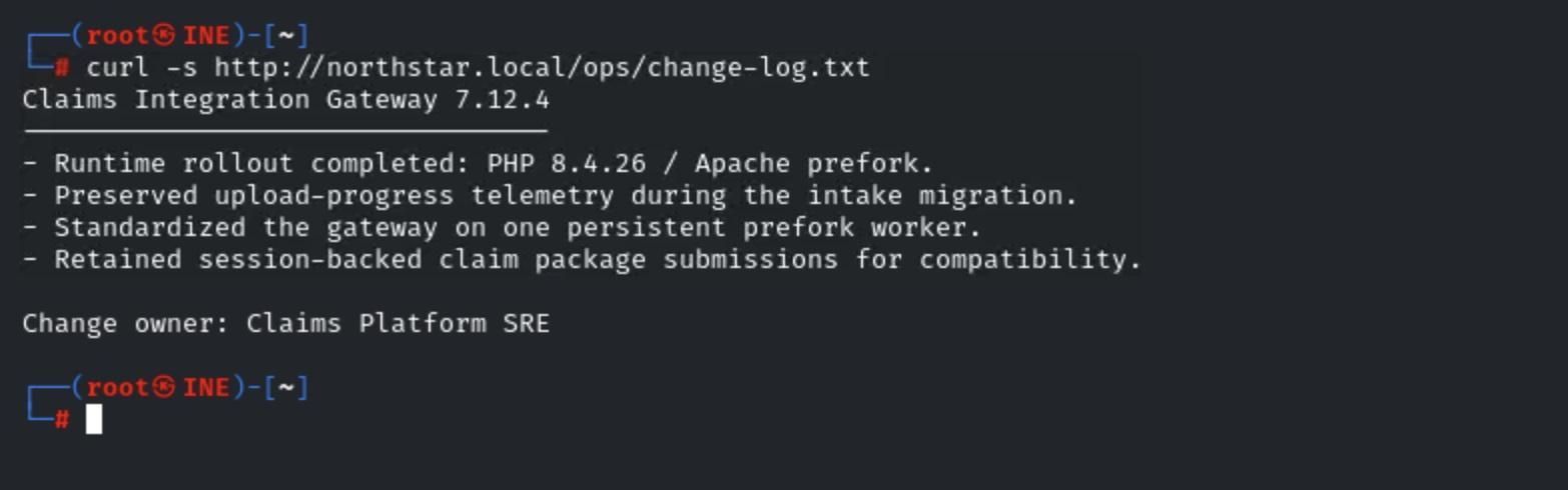 Terminal displaying the Northstar Claims Gateway change log, including PHP 8.4.26, Apache prefork, and persistent-worker configuration details.
