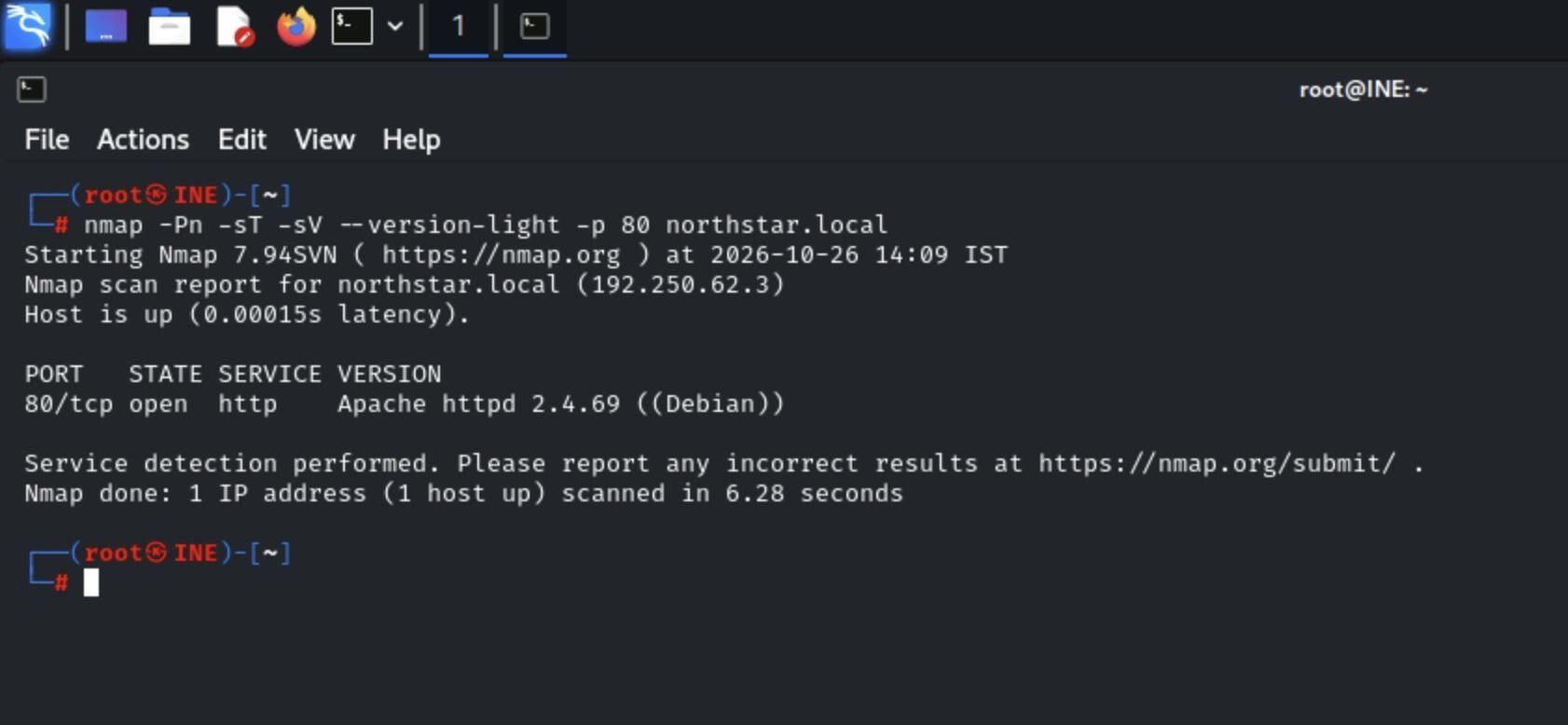 Terminal showing an Nmap scan of northstar.local, identifying Apache HTTP Server 2.4.69 on port 80.