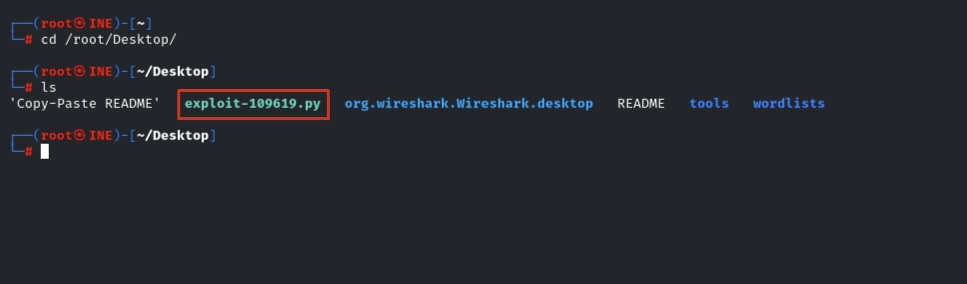 Kali terminal listing files on the desktop, with the exploit-109619.py proof-of-concept script highlighted.