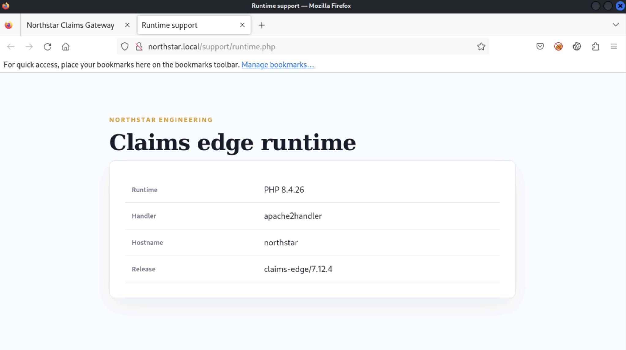 Northstar runtime support page showing PHP 8.4.26, apache2handler, hostname northstar, and the application release version.