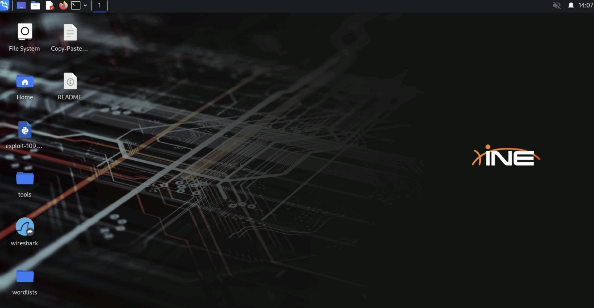 Kali Linux desktop with INE-branded wallpaper and common security testing tools visible.