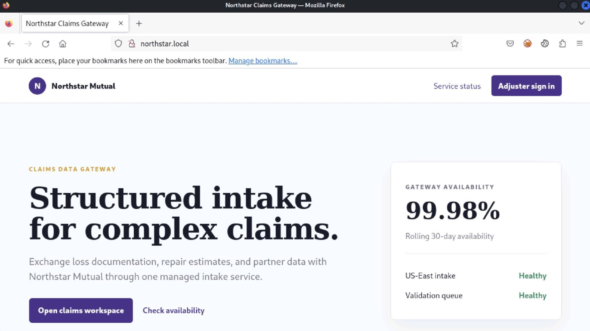 Northstar Claims Gateway homepage showing a claims intake interface and 99.98% gateway availability.