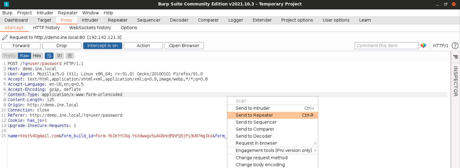 Burp Suite Request to Repeater