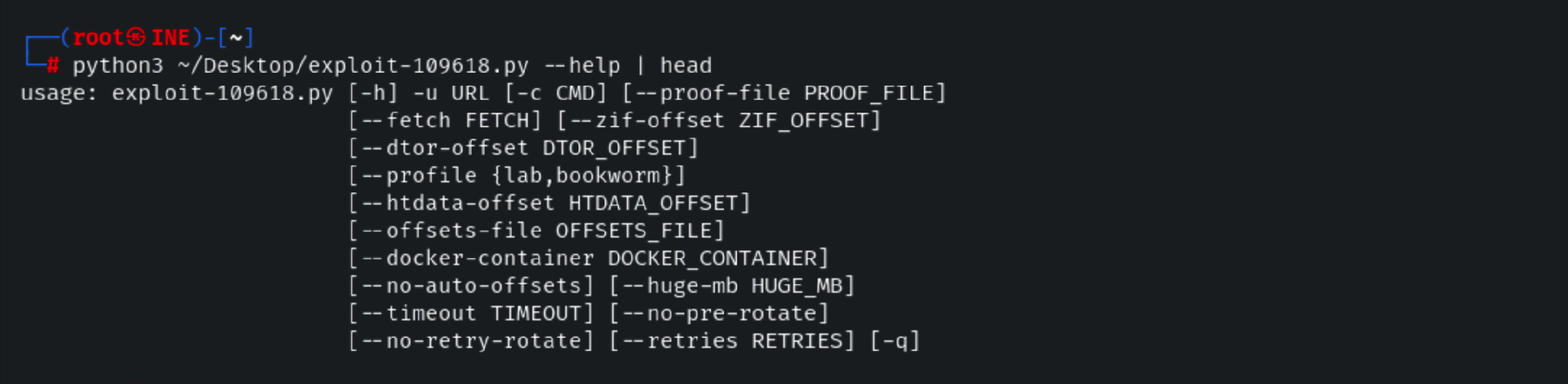 Terminal showing command-line options for the exploit-109618.py CVE-2026-109618 proof-of-concept script.