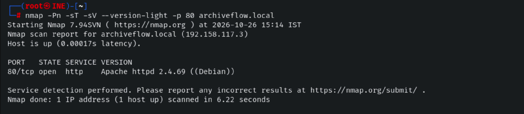 Nmap scan showing Apache 2.4.69 running on port 80 at archiveflow.local.
