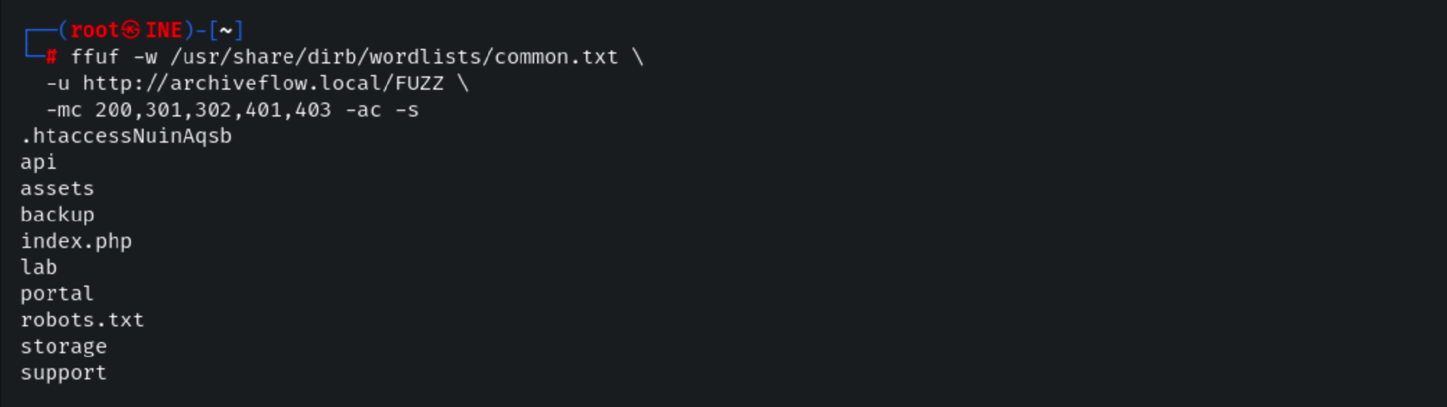 ffuf directory enumeration of archiveflow.local revealing accessible application paths.