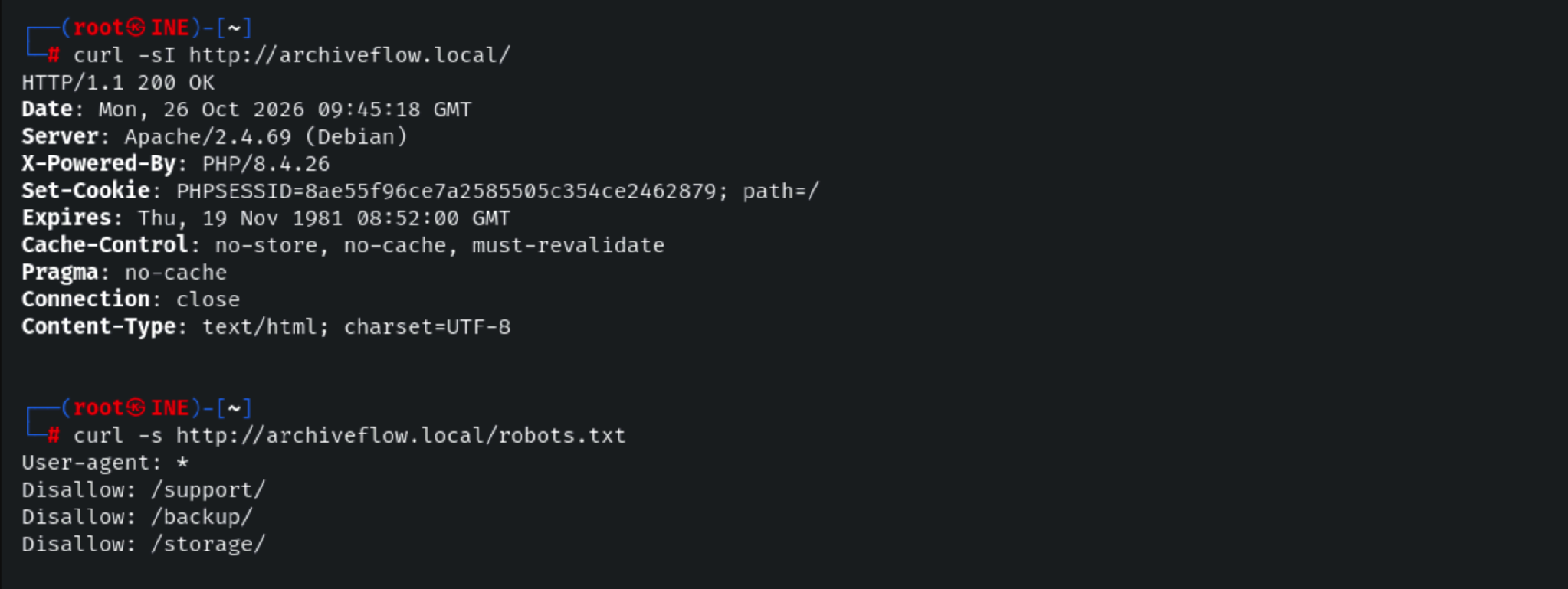 Terminal output showing ArchiveFlow HTTP headers and robots.txt paths during reconnaissance.