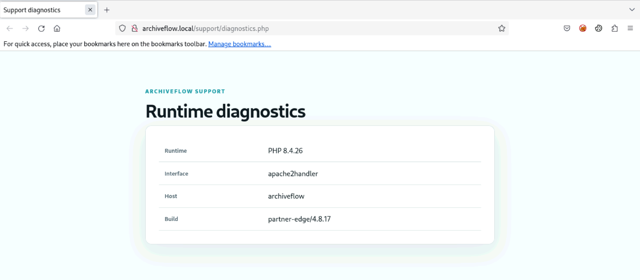 ArchiveFlow diagnostics page showing PHP 8.4.26 and the apache2handler interface used by mod_php.
