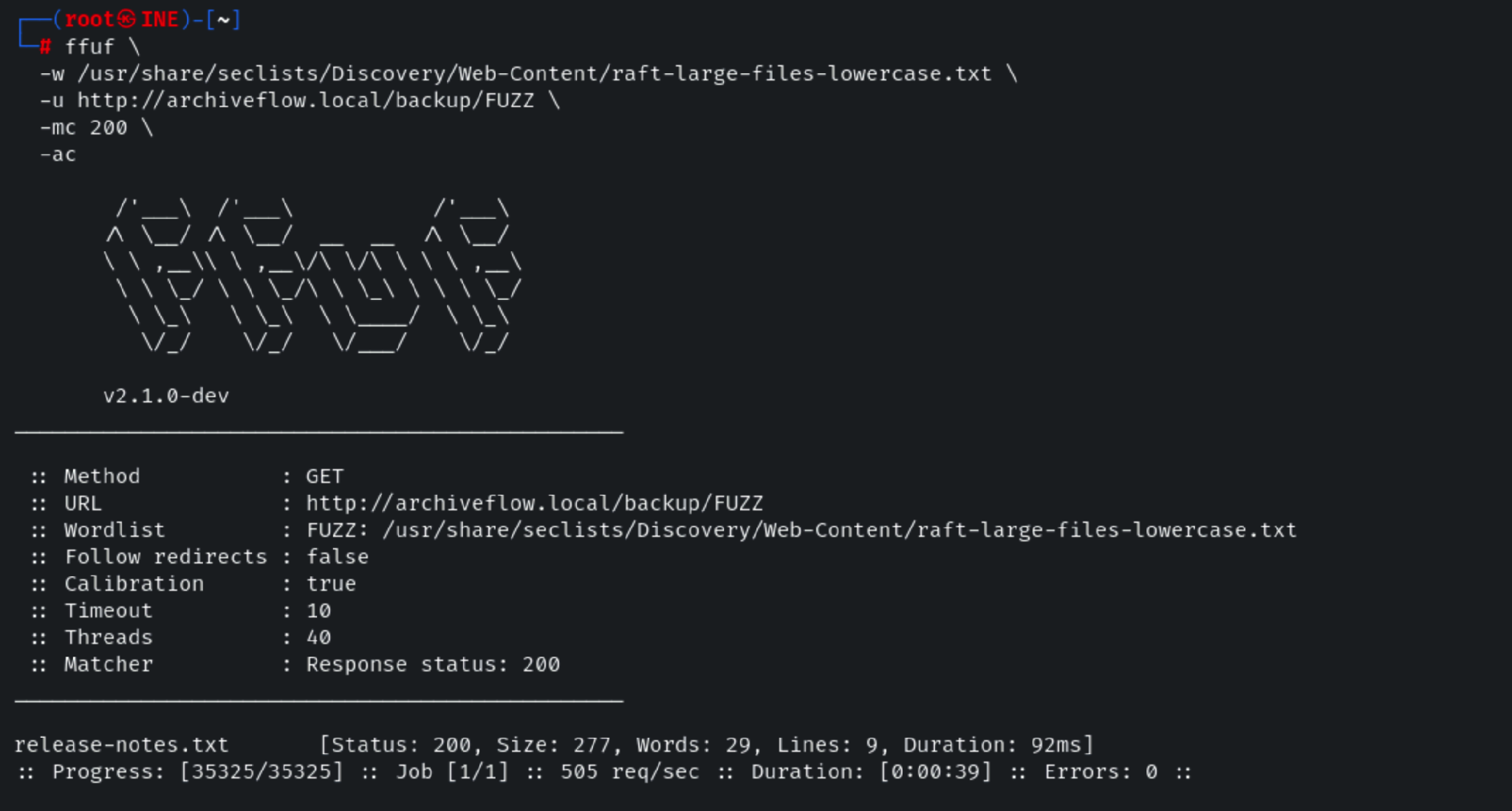 ffuf scan of the ArchiveFlow backup directory revealing the release-notes.txt file.