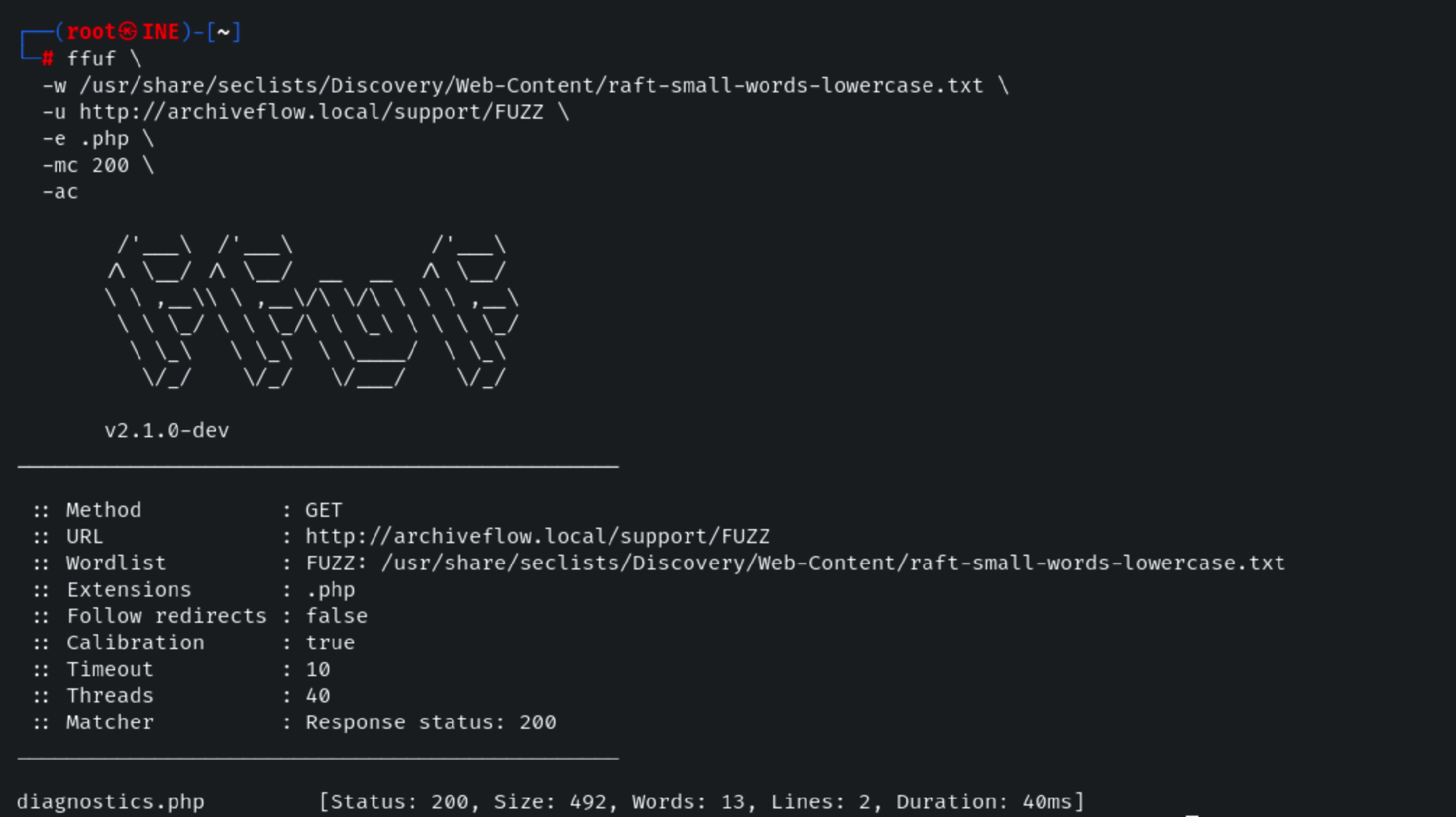 ffuf scan of the ArchiveFlow support directory revealing the diagnostics.php endpoint.