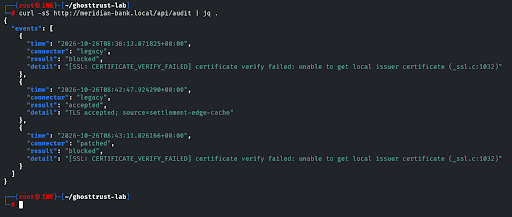 Audit trail containing the clean failure legacy acceptance and patched rejection