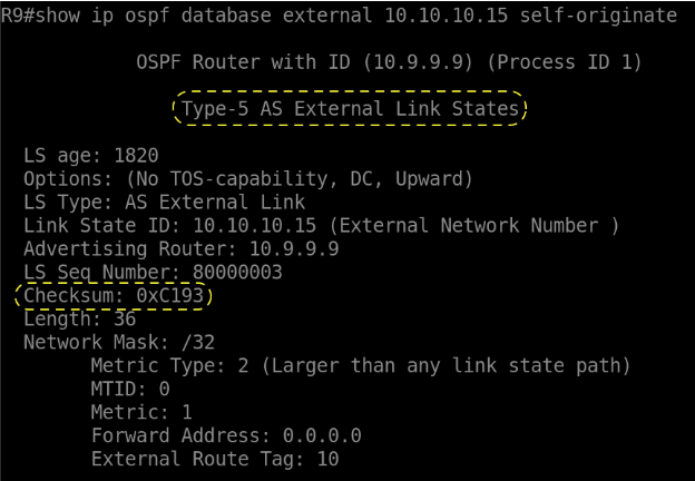 what checksum value the ASBRs set for the Type 5 LSA routes 10.1.1.1 and 10.10.10.15