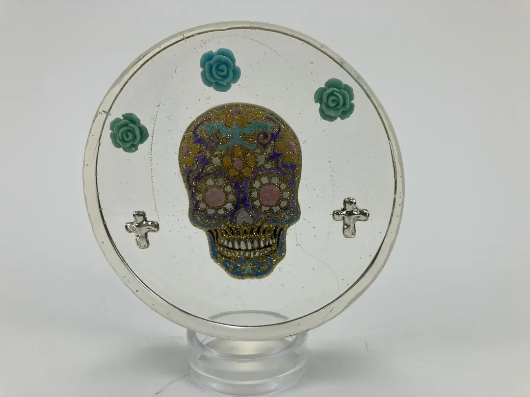 Paper Weight with Black, Gold and Purple Sugar Skull