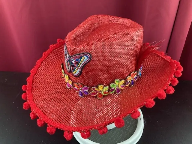 Red Lightweight Straw Hat with Mini Pom Poms