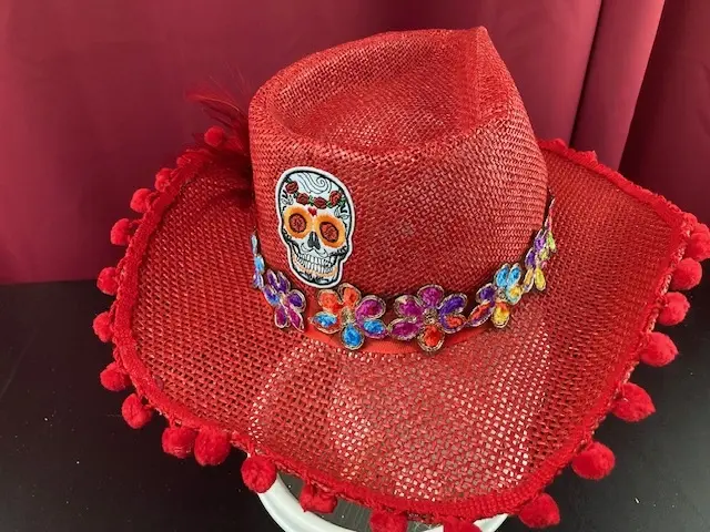 Red Lightweight Straw Hat with Mini Pom Poms