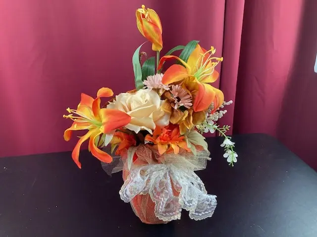 Fall Colored Silk Flowers with Lace ribbon
