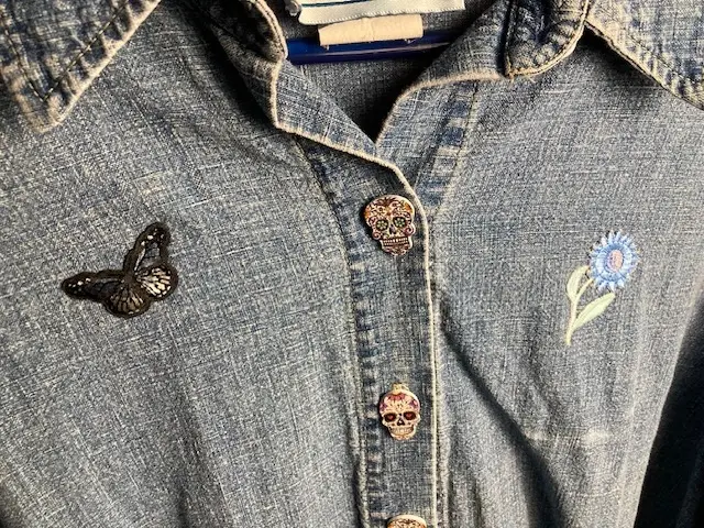 Soft Denim Shirt with Flower Printed Sugar Skull