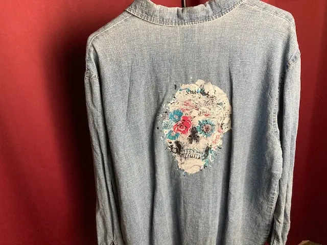 Soft Denim Shirt with Flower Printed Sugar Skull
