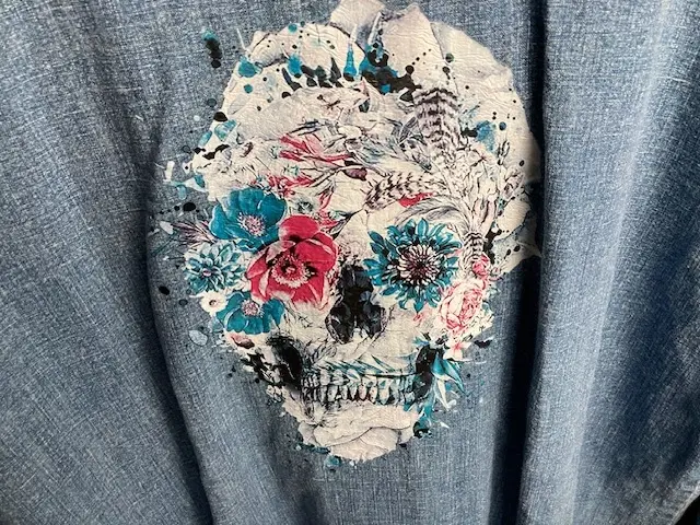 Soft Denim Shirt with Flower Printed Sugar Skull