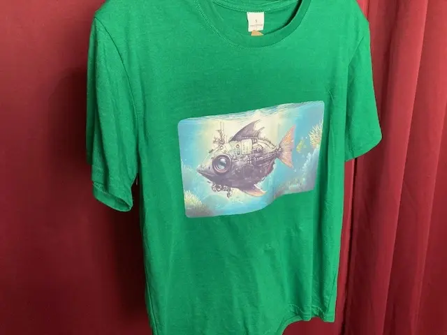 Green T-Shirt with Steampunk Fish