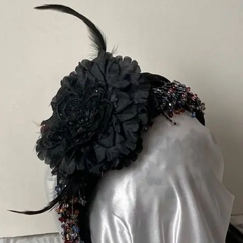 Black Flower with Beads and Feathers