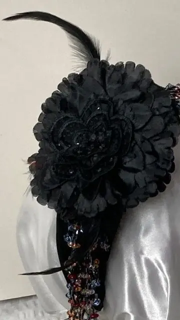 Black Flower with Beads and Feathers