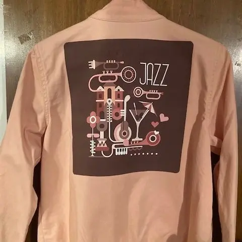 Blush Pink Jean Jacket with Jazz Music Theme