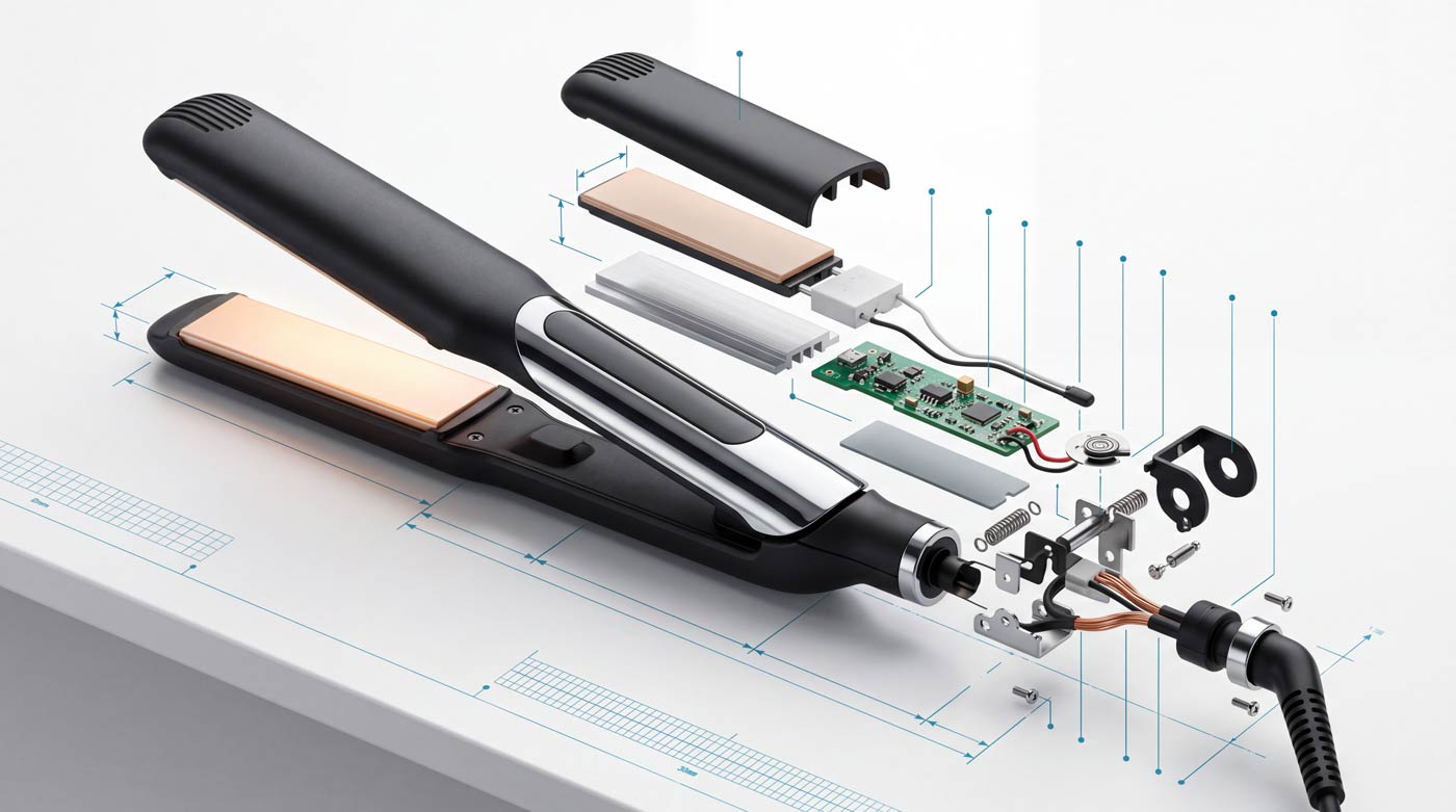 Fully disassembled hair straightener showing housing, heating plates, and electronic components catalogued for a teardown and benchmarking cost study 