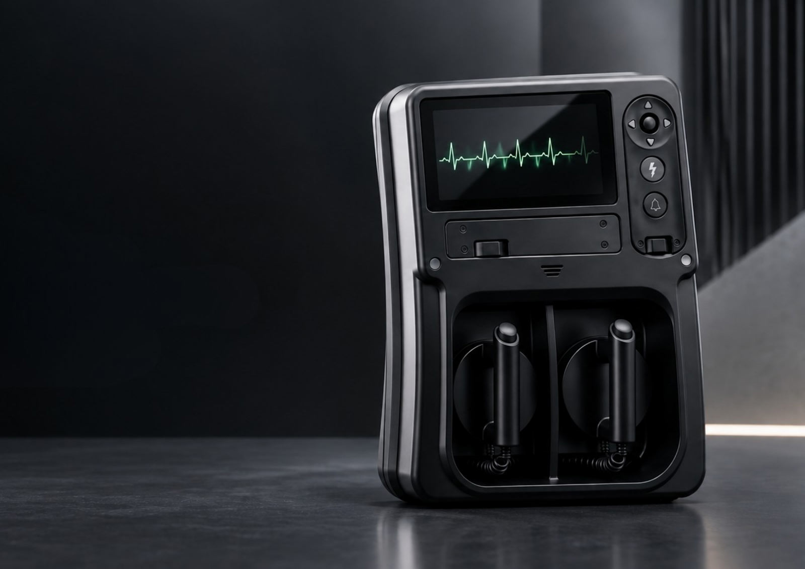 Defibrillator housing redesign showing larger display cutout and consolidated single-piece front housing