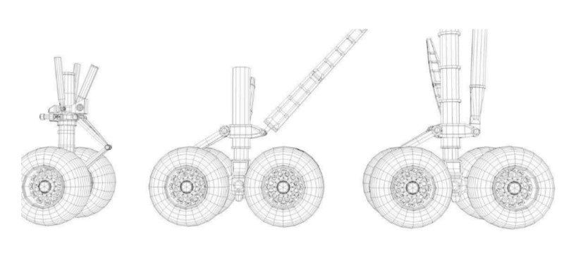 Goken's precision-engineered aircraft landing gear system in a detailed CAD wireframe, showcasing advanced structural design, aerospace engineering, and mobility technology for roadable aircraft.