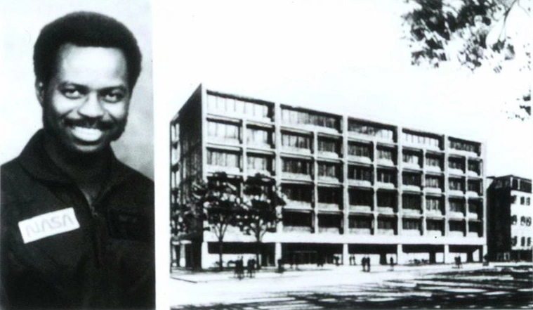 Ronald E. McNair's headshot placed alongside the building named in his honor.