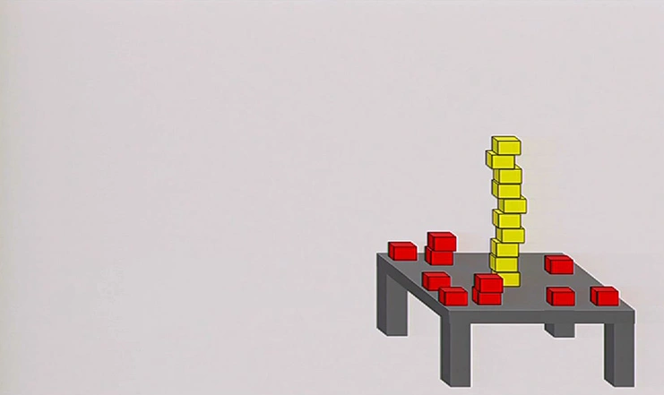 Red blocks stacked around a table, a tall tower of yellow blocks stacked in the center, an illustration with a white background.
