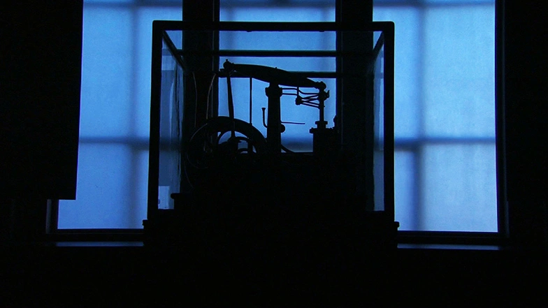 Blue windows in a gallery installation in the MIT Museum.