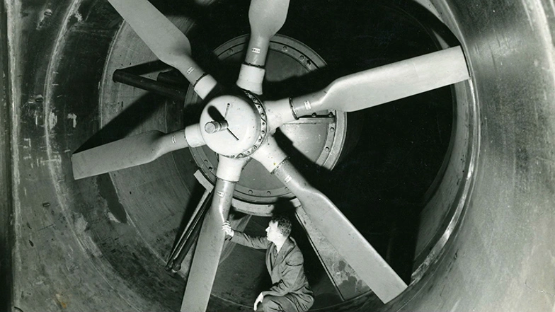 MIT's Wright Brother Wind Tunnel. Black and white photo.
