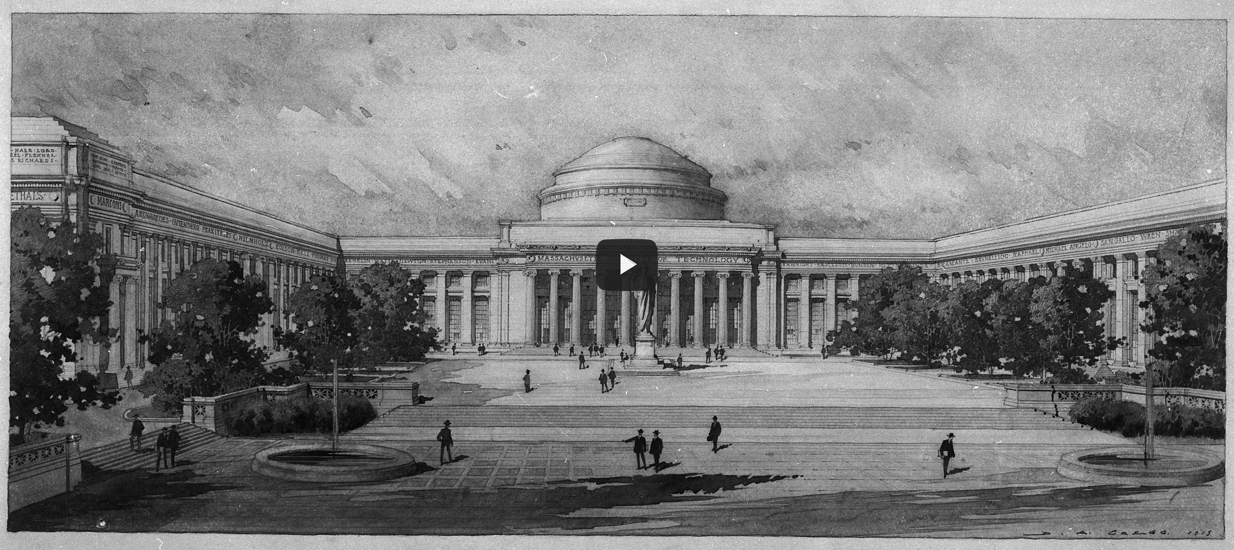 A black & white illustration of the MIT campus