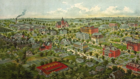 Lithograph map showing the growth of the Tuskegee Institute campus, dated 1908.