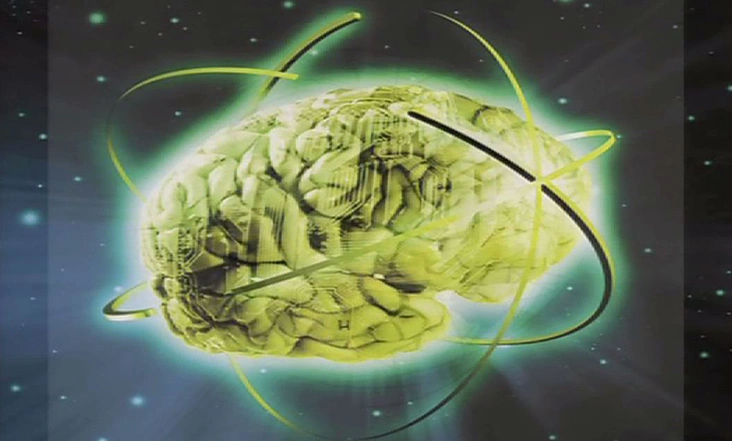 A graphic of a bright green brain with glowing rings around it around it, outer space in the background.