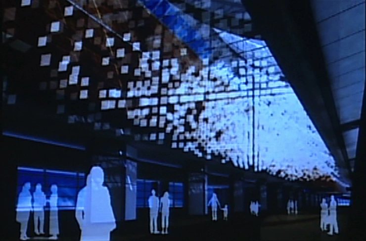 A stream of data flies over people in futuristic room of mirrors, a computer generated image.
