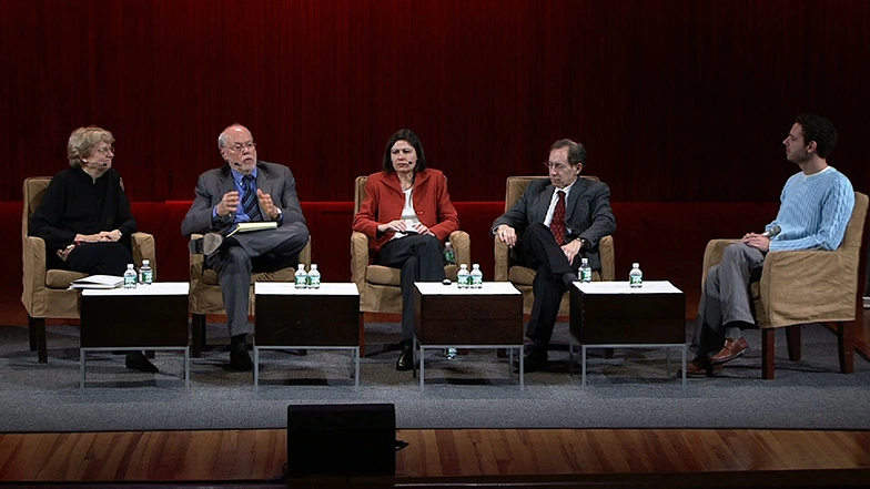 Sitting beside each other, Nancy H. Hopkins, Jacqueline A. Lees, Phillip A. Sharp, Robert S. Langer, Jr., and Michael S. Goldberg speak onstage as panelists.