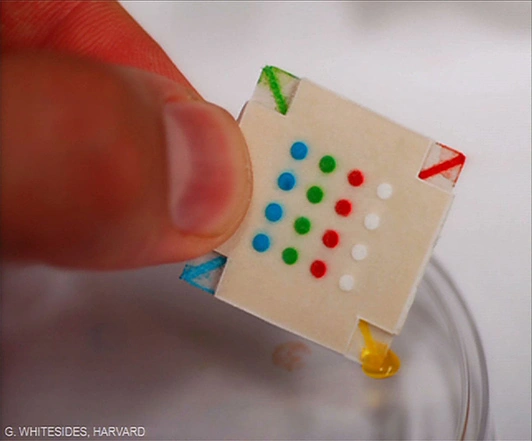 A person uses two fingers to hold a small white chip with pops of bright green, pink, blue, and yellow accents